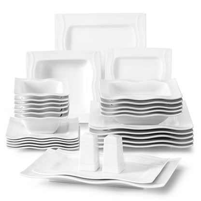 Square Dinnerware Sets 28 Piece White Porcelain Plates and Bowls Set Salt Pepper Pot Salad Pasta Bowls Dinner Set|Dinnerware Sets|