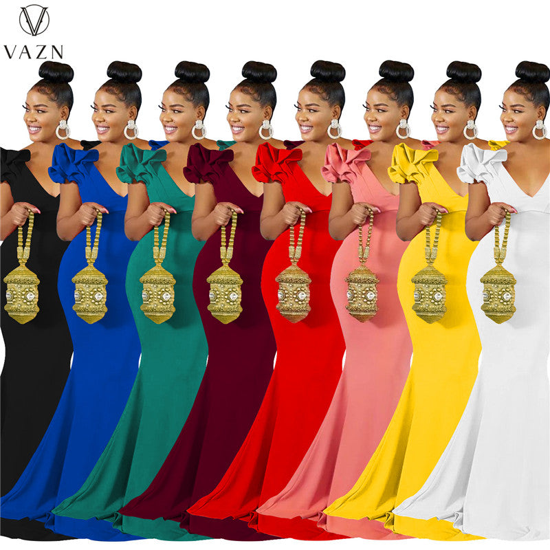 New Luxury Designer Deep V-Neck Sleeve High-end High Waist Long Mermaid Dress