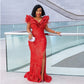 Red V Neck Prom Dress Rushed Cap Sleeve