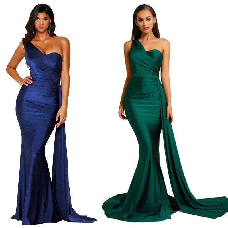 One Shoulder Padded Sexy Satin Dress Side Train Sleeveless Bodycon Evening Night Party Gown Burgundy Green