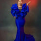 Plus Size Royal Blue Mermaid Prom Dresses Lace Long Sleeves Ruffles Satin Evening Formal Party Gowns