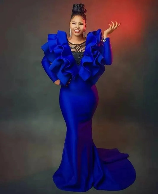 Plus Size Royal Blue Mermaid Prom Dresses Lace Long Sleeves Ruffles Satin Evening Formal Party Gowns