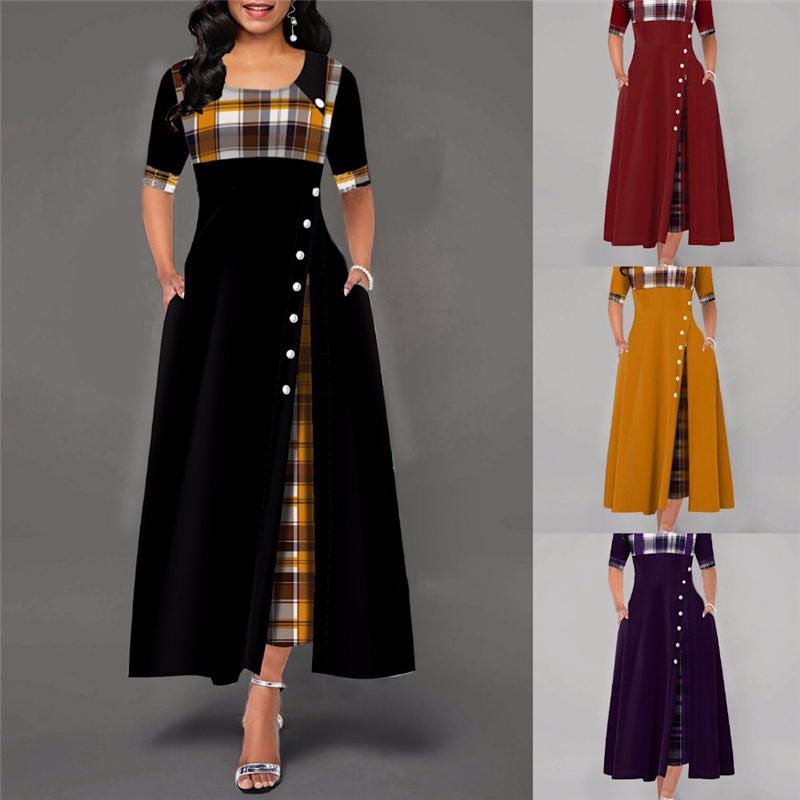 Fashion Half Sleeve Plaid Print Button Detail Maxi Dress