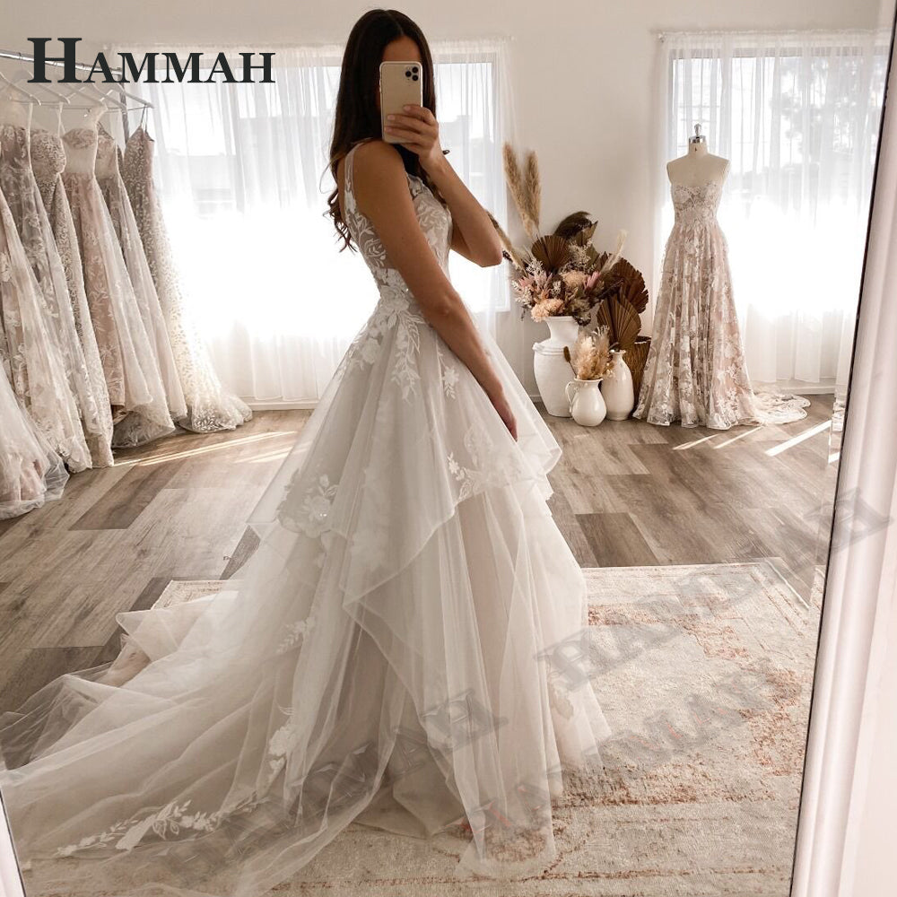 Modern Aline Long Wedding Tulle Appliqued I Custom Made - Wedding Dress