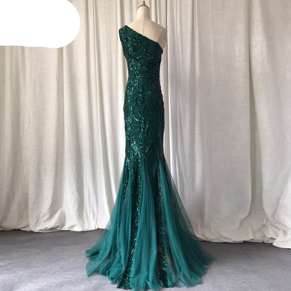 One Shoulder Emerald Green Long Lace Evening Dress