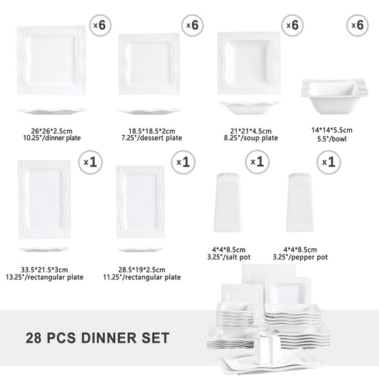 Square Dinnerware Sets 28 Piece White Porcelain Plates and Bowls Set Salt Pepper Pot Salad Pasta Bowls Dinner Set|Dinnerware Sets|