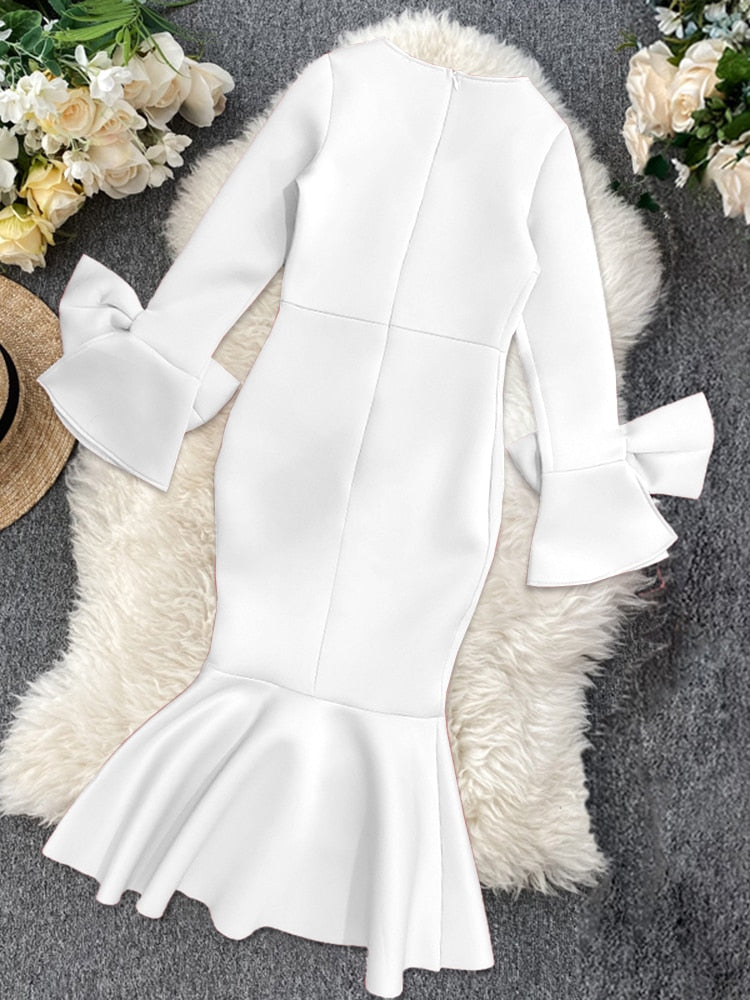 Women Bodycon Party Dress Long Flare Sleeves