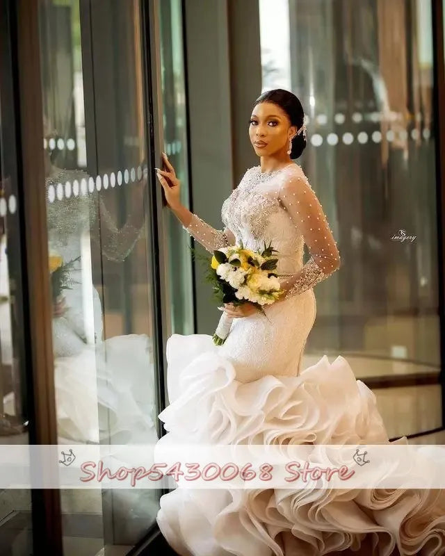 Luxury Tiered Skirts Mermaid Wedding Dresses Chic Long Sleeve Pearls Long Train O Neck Bridal