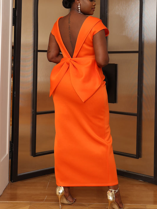 Orange Party Dress Sexy Backless Big Bow Short Sleeve Elegant bodycon