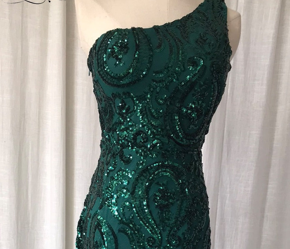 One Shoulder Emerald Green Long Lace Evening Dress