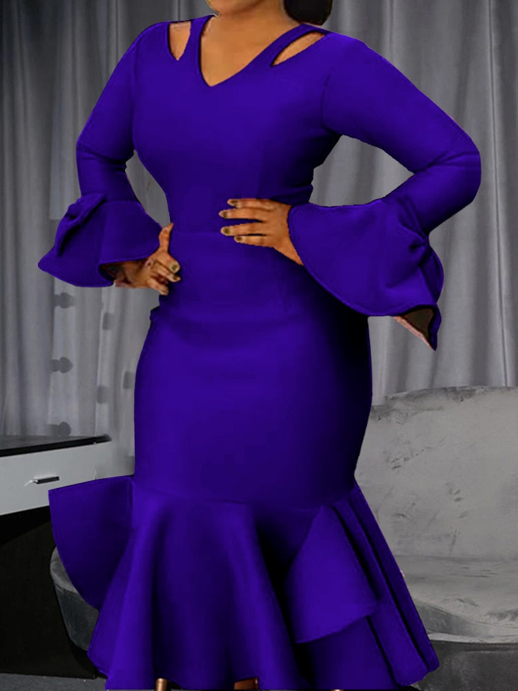 Women Bodycon Party Dress Long Flare Sleeves
