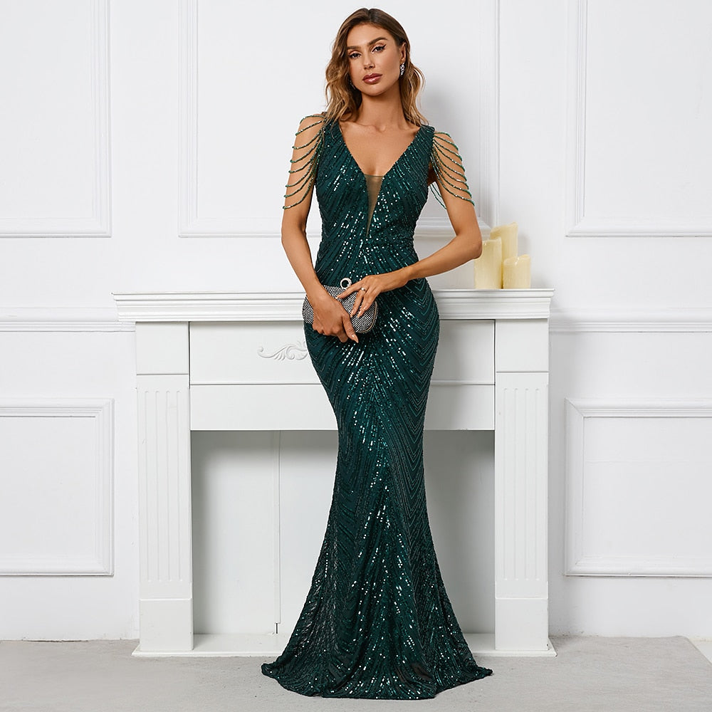 Women Beading Dress Long Prom Dress Deep V