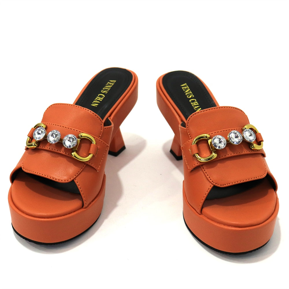 Platform Shoes Women Metal Decoration High Heel Open Toed Orange Color Italian Shoes and Bags Matching Set 2023