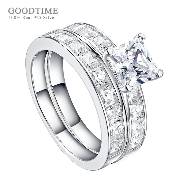925 Sterling Silver Princess Zircon Wedding Ring Set