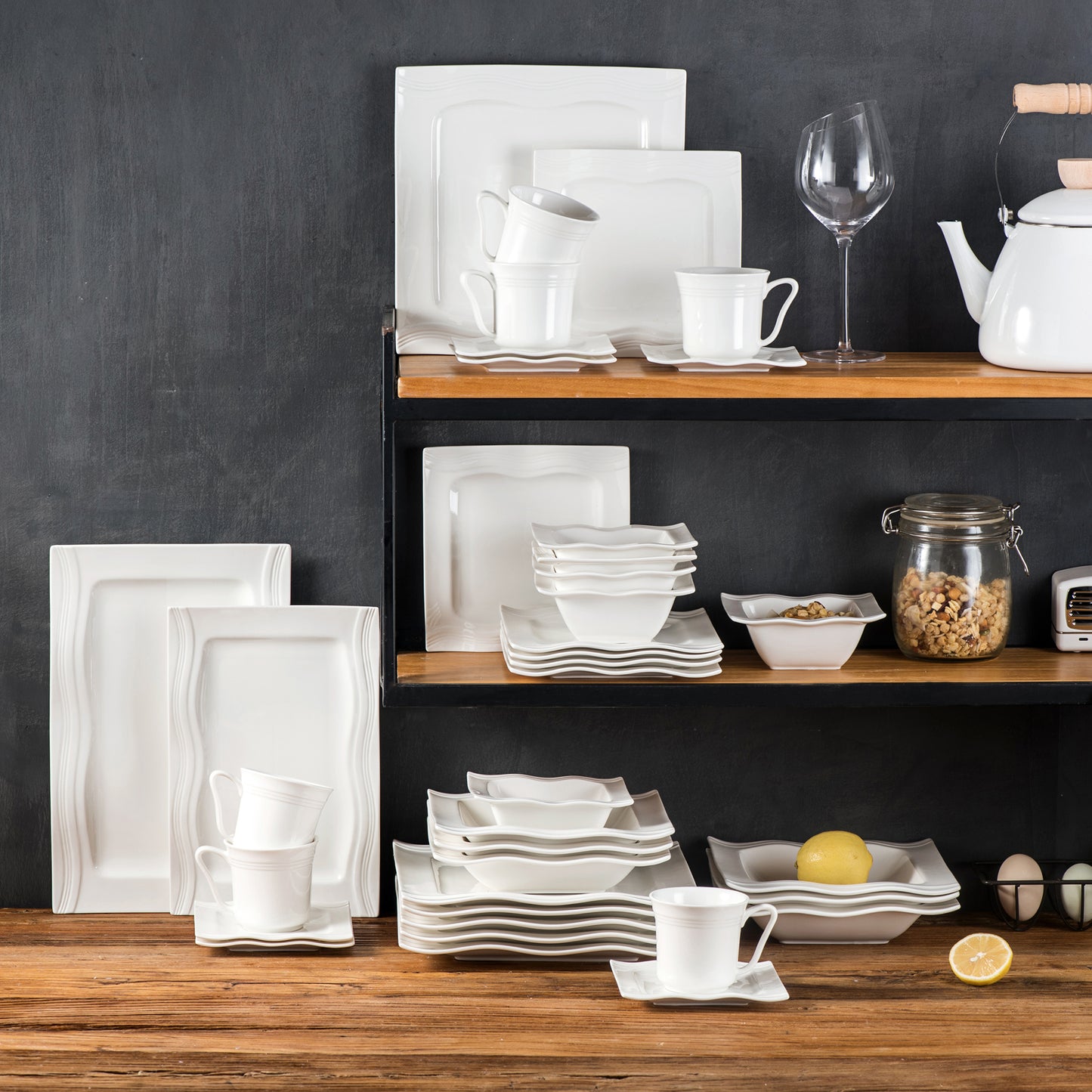 Square Dinnerware Sets 28 Piece White Porcelain Plates and Bowls Set Salt Pepper Pot Salad Pasta Bowls Dinner Set|Dinnerware Sets|