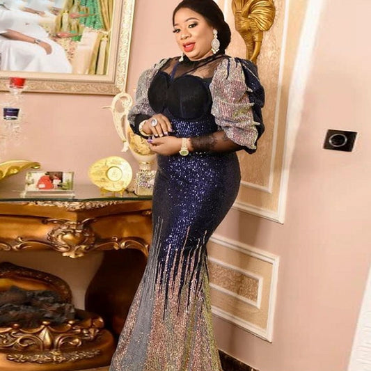Plus Size Mermaid Prom Dress Navy Blue Sequined Half Long Sleeves Evening Formal Party Dress