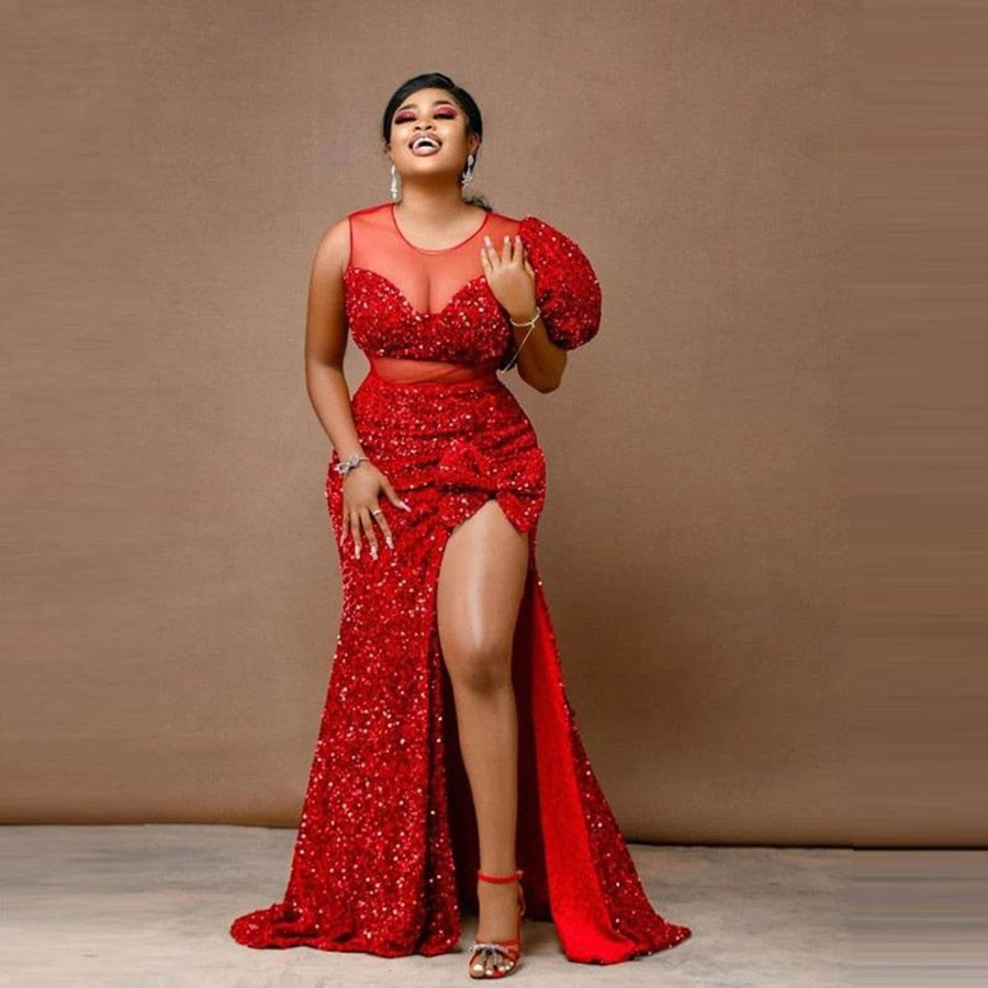 Red Sequined Mermaid Prom Dress Style Plus Size Side Split Evening Gowns Sheer Neck Formal Party