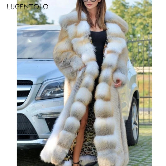 Women Long Faux Fur Coat Thicked Hooded Luxury Jacket
