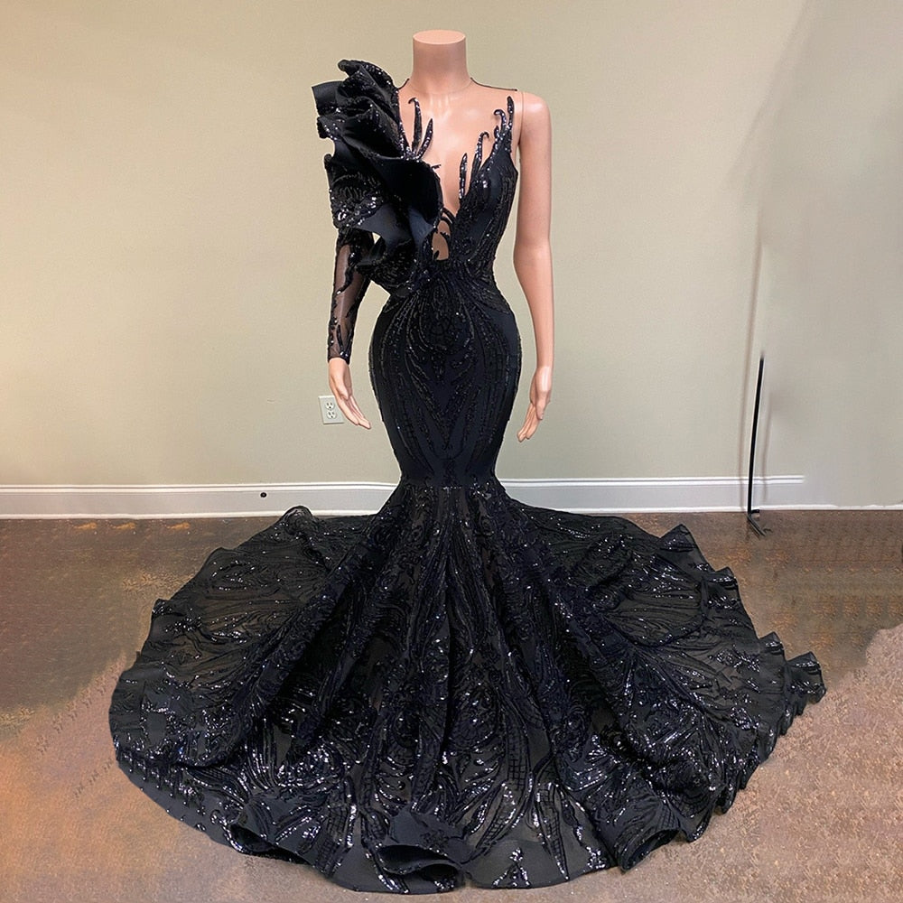 One Shoulder Black Mermaid Evening Dress