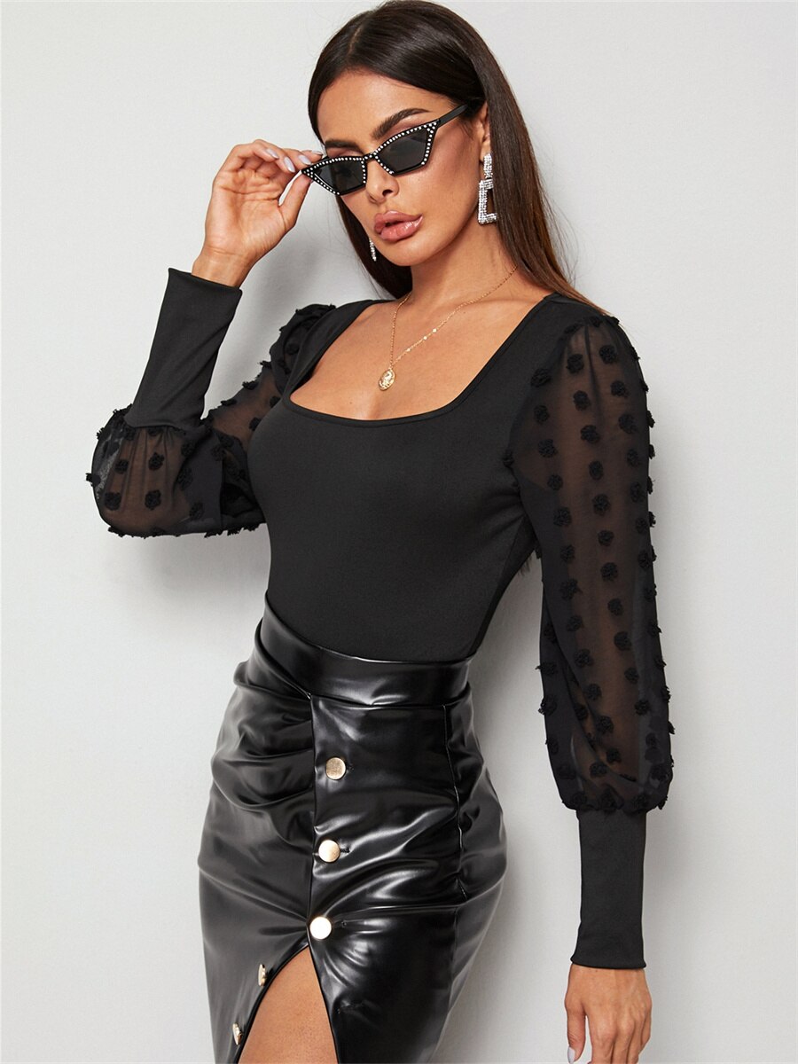 Long Sleeve Square Collar Rompers Overalls Sexy Bodycon Jumpsuit