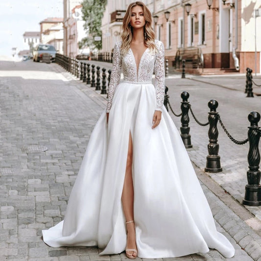 Side Slit Long Sleeve Wedding Dress