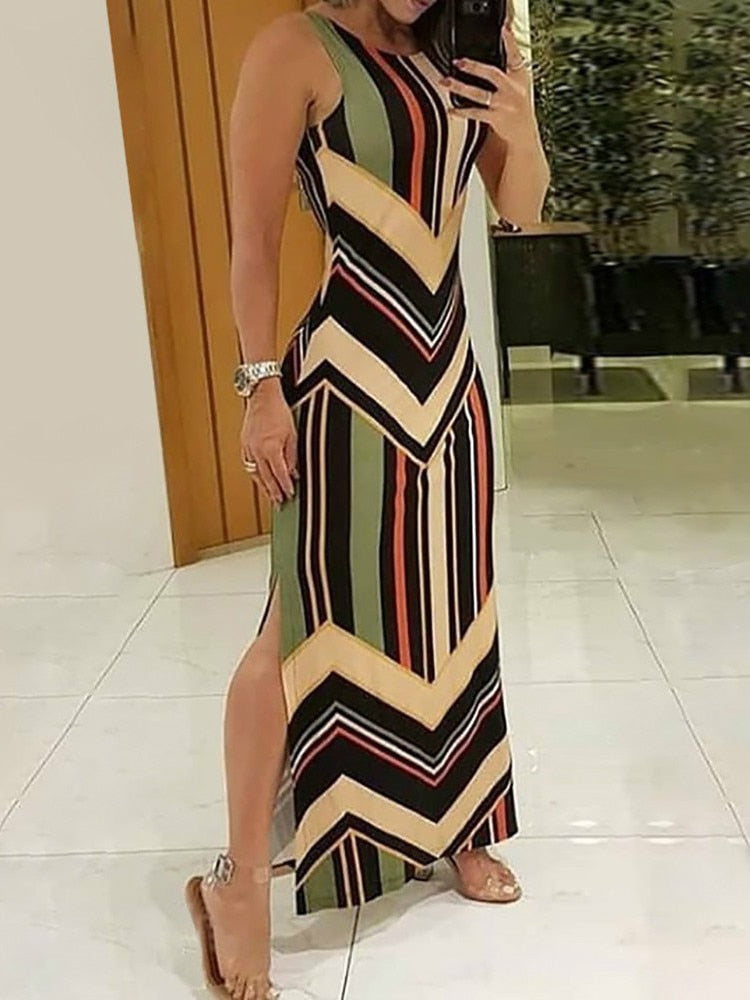 Colorful Striped Print Side Slit Maxi Spring Dress