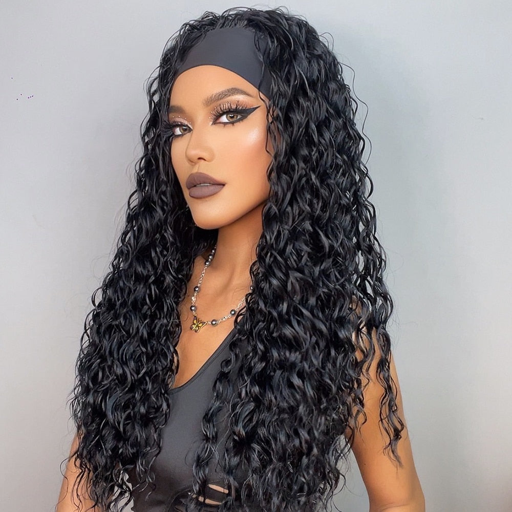 Curly Headband Synthetic Wig Natural Black Long hair for Women