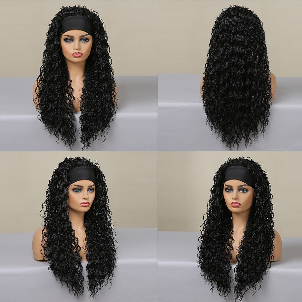 Curly Headband Synthetic Wig Natural Black Long hair for Women