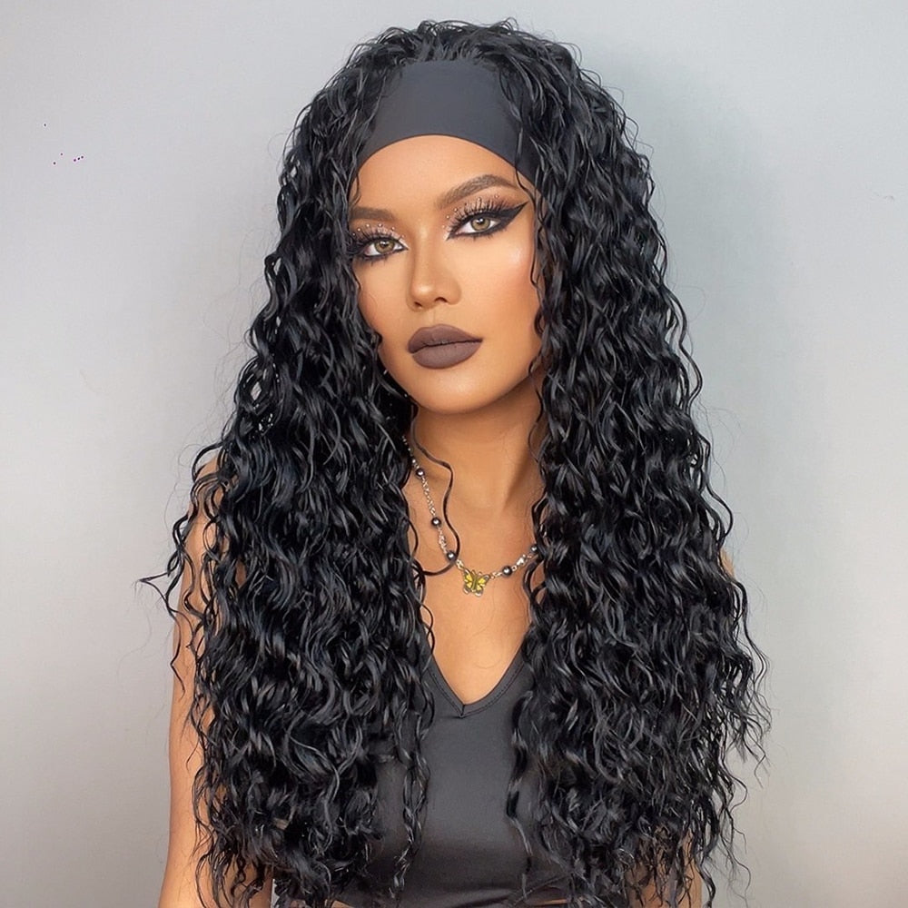 Curly Headband Synthetic Wig Natural Black Long hair for Women