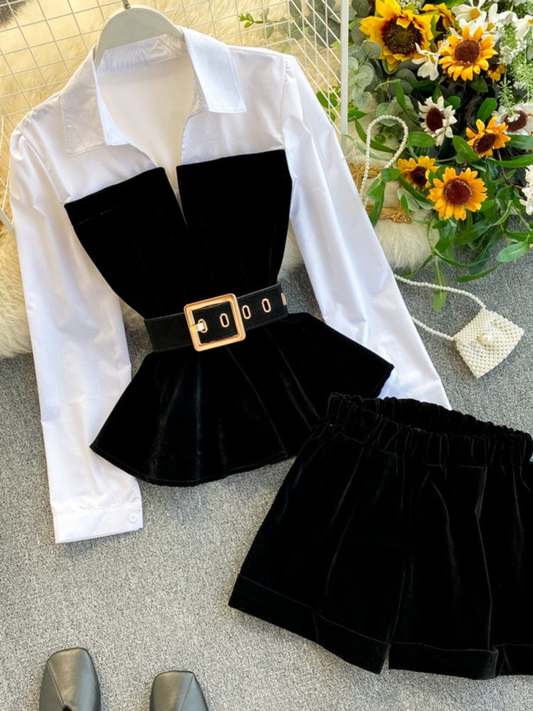 Velvet Tops With High Waist Belt Shorts- 2 Piece Set