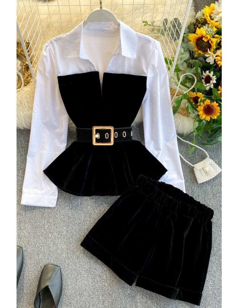 Velvet Tops With High Waist Belt Shorts- 2 Piece Set