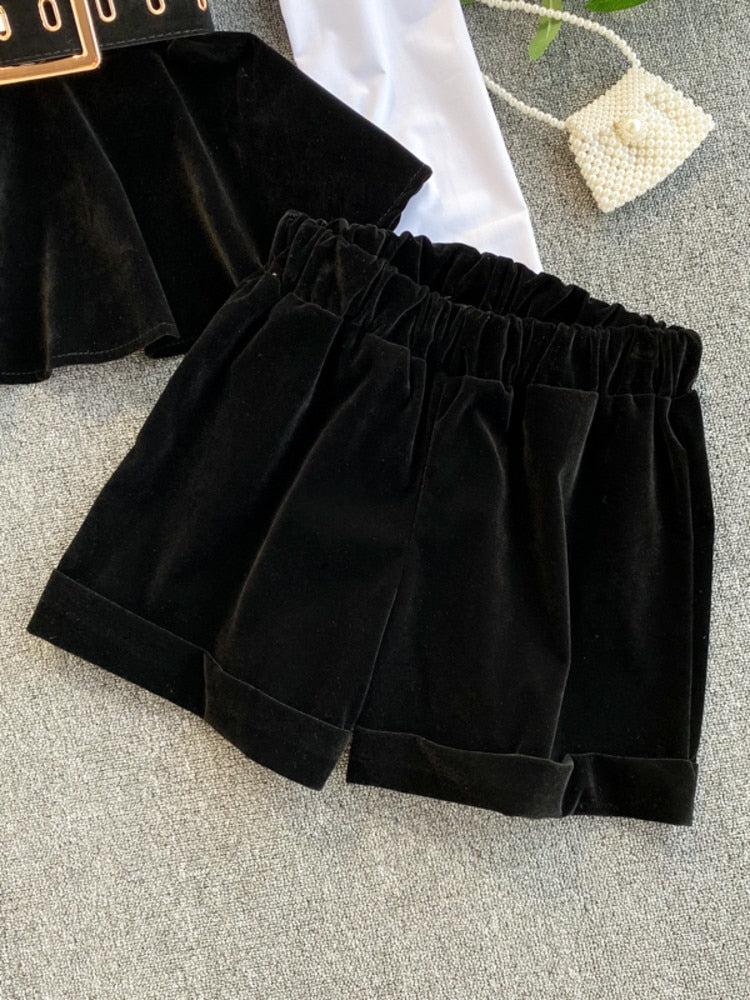 Velvet Tops With High Waist Belt Shorts- 2 Piece Set