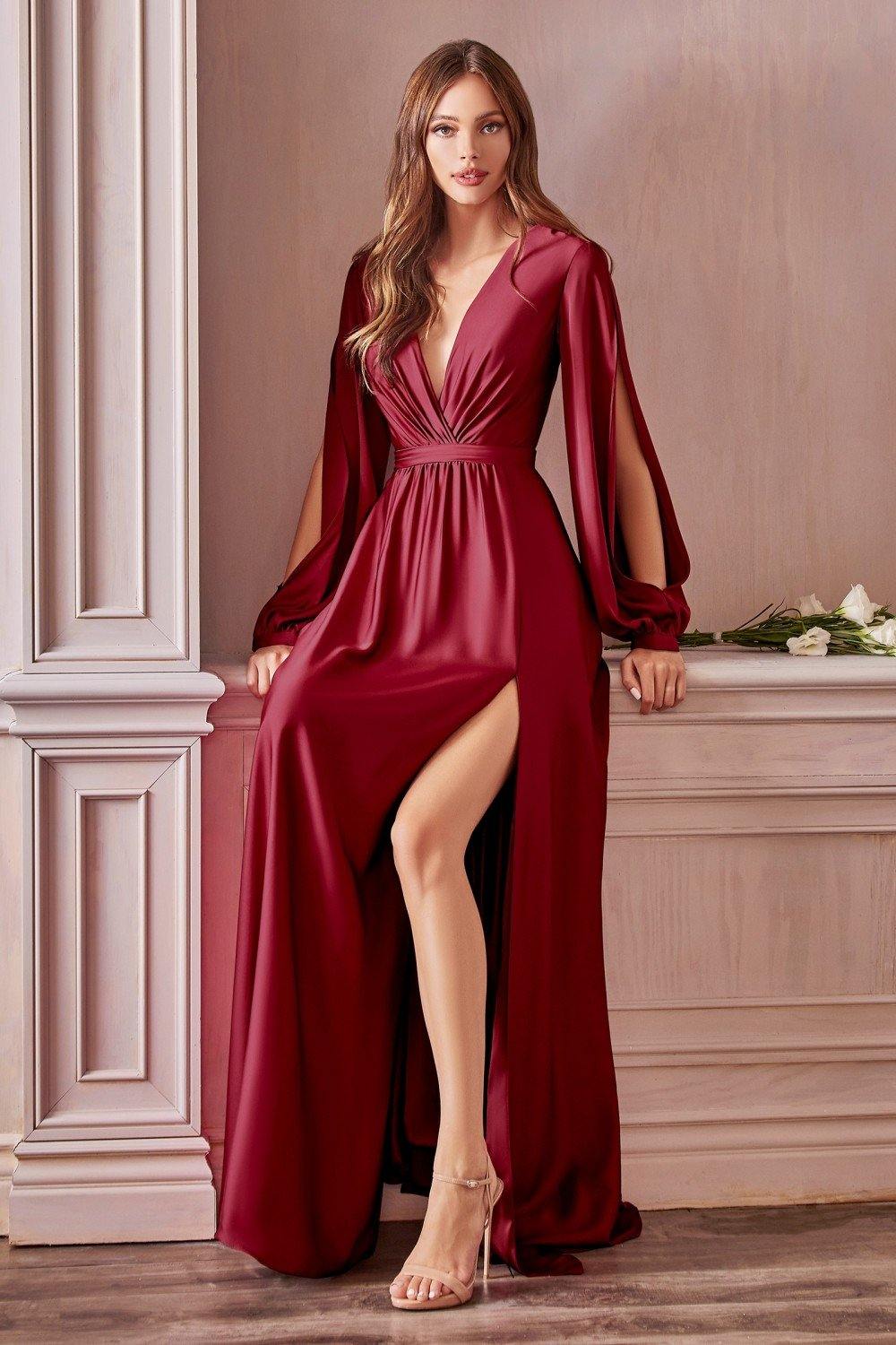 V Neck Pleated Satin Side Slit Party Dress/ Bridesmaid Dress