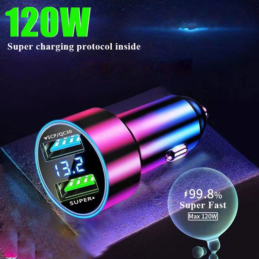 Dual Port USB Car Charger 120W Super Fast Charging Adapter