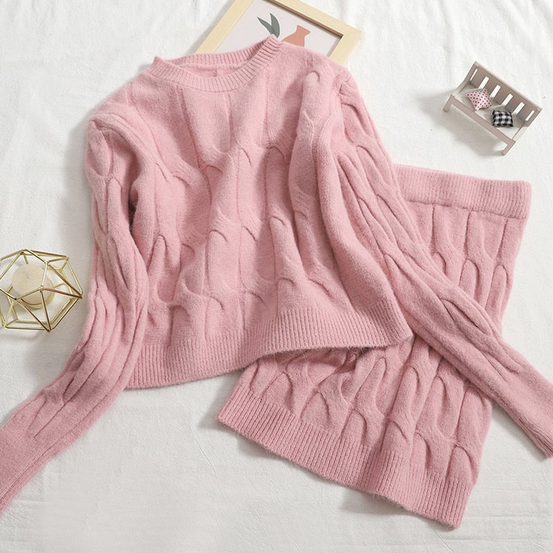 One Size Sweater Crop Top + Bodycon Mini Skirt -2 Piece Set