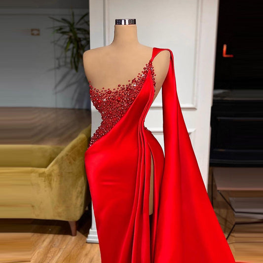 One Shoulder Red Pearls Beaded Side Slit Prom Dress