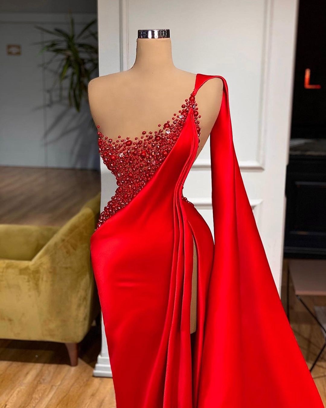 One Shoulder Red Pearls Beaded Side Slit Prom Dress