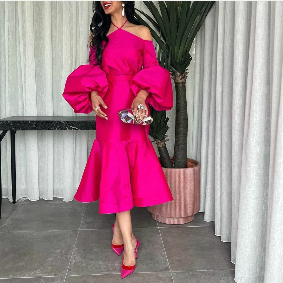 Mermaid Fuchsia Tea Length Dress/ Bridesmaid Dress
