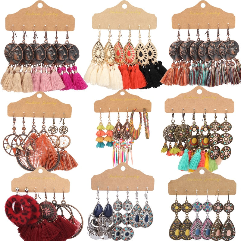 Boho Ethnic Feather Flower Vintage Earrings Set For Women