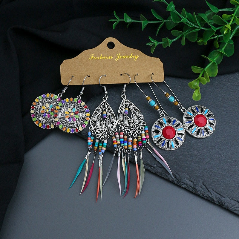 Boho Ethnic Feather Flower Vintage Earrings Set For Women