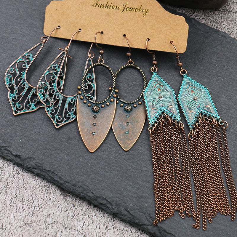 Boho Ethnic Feather Flower Vintage Earrings Set For Women