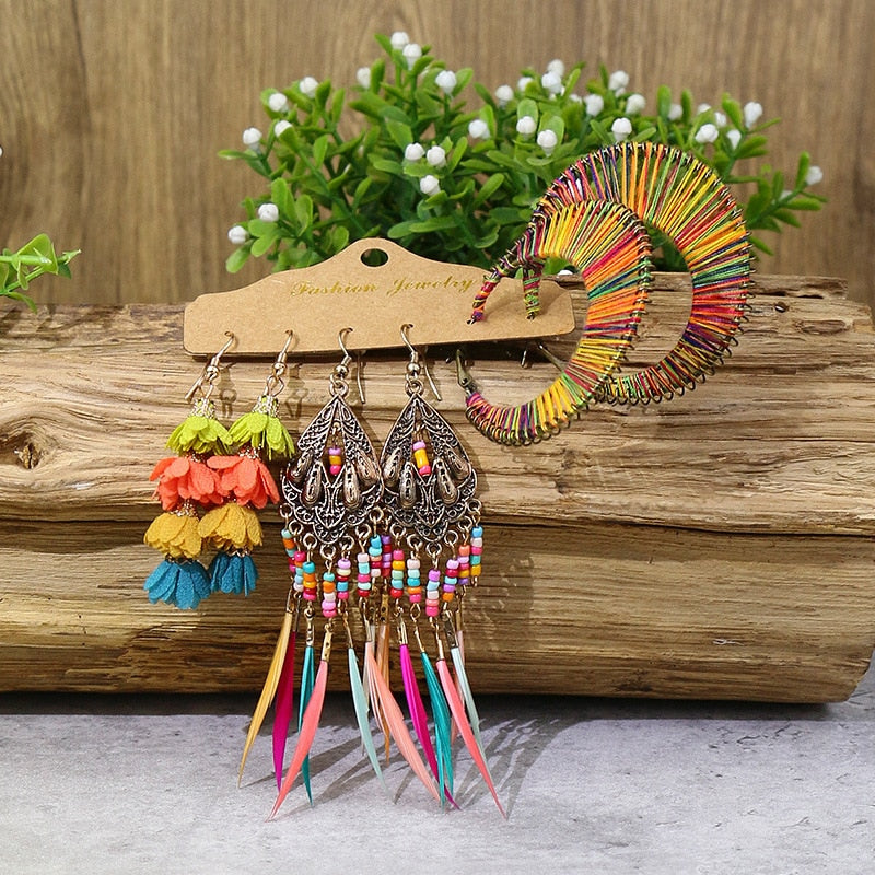 Boho Ethnic Feather Flower Vintage Earrings Set For Women