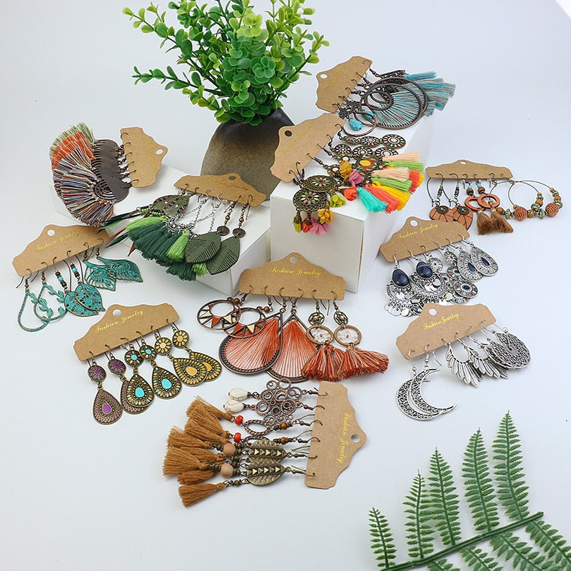 Boho Ethnic Feather Flower Vintage Earrings Set For Women