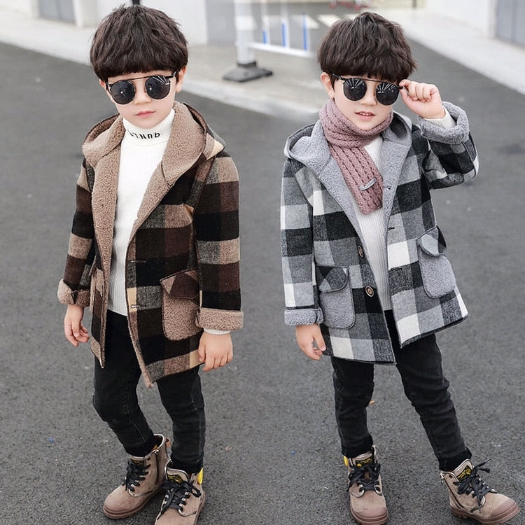 Hooded Warm Plaid Outerwear Windbreaker Jacket Coat for Boys