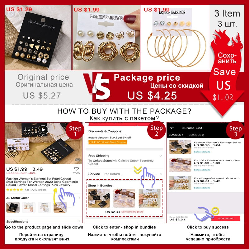 Pearl Crystal Stud Earrings Set For Women