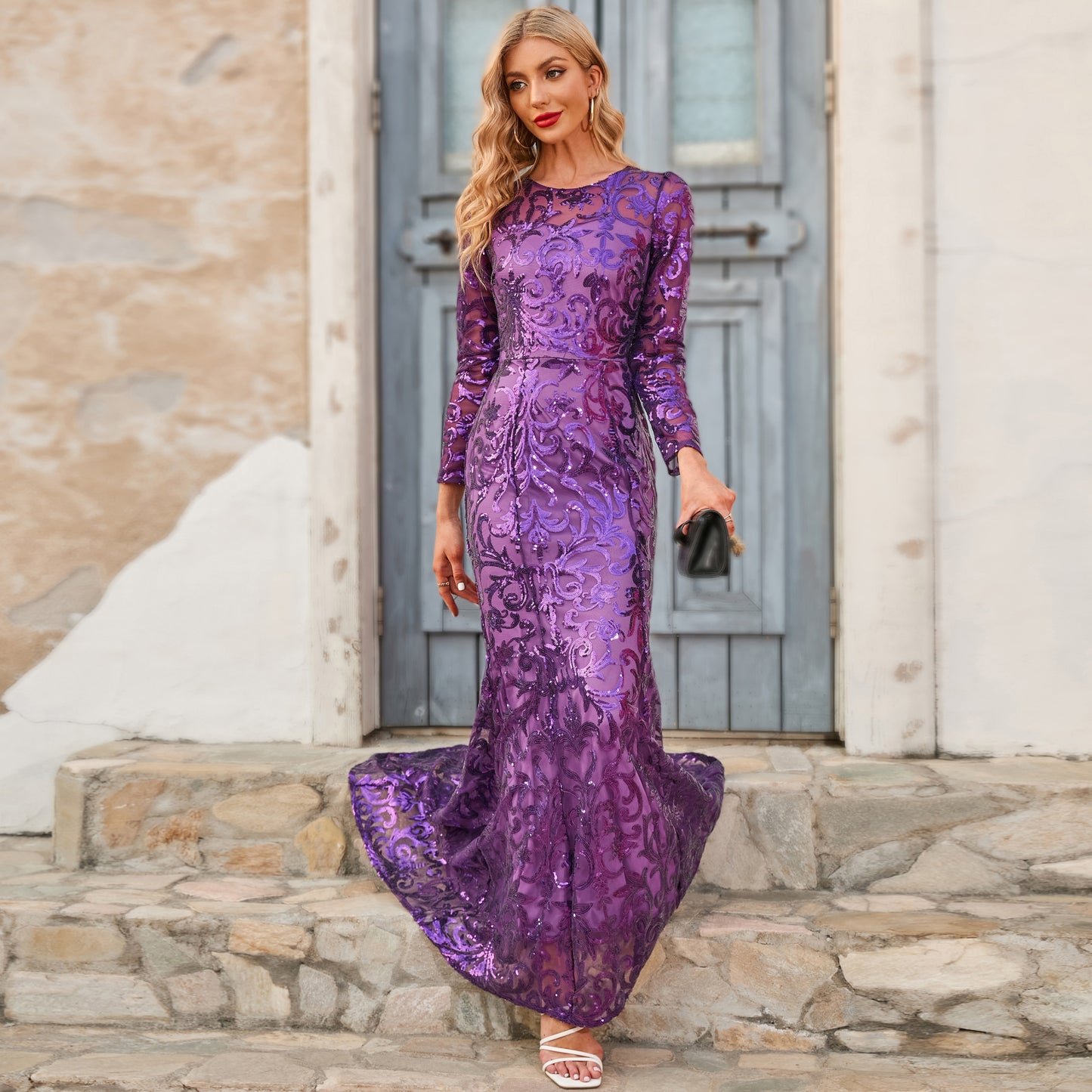 Glitter Sexy Long Sleeve Prom Dress