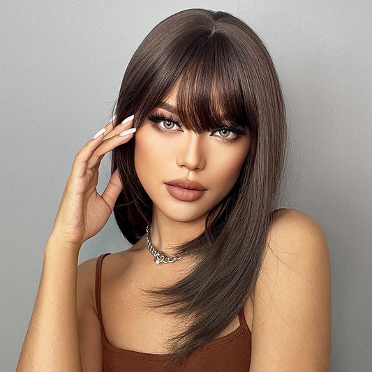 Synthetic Wig with Bangs Layered Natural Straight Wig for Women