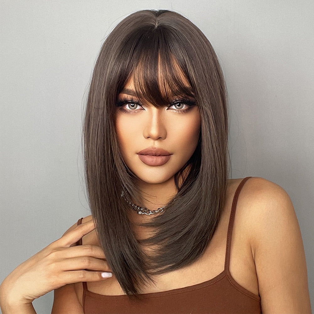 Synthetic Wig with Bangs Layered Natural Straight Wig for Women