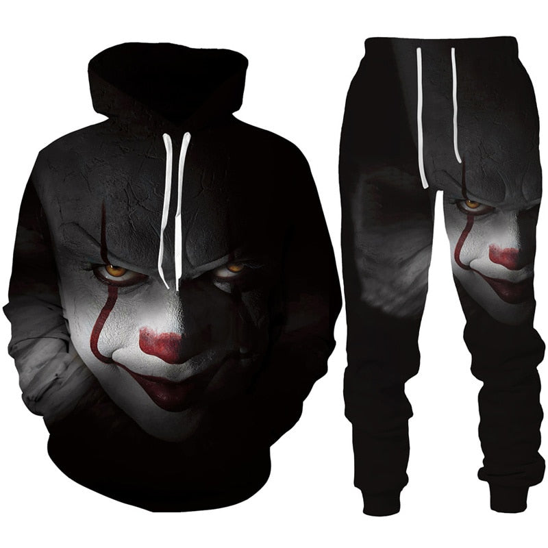Horror Movie Clown 3d Print Hoodie + pants Set for Men