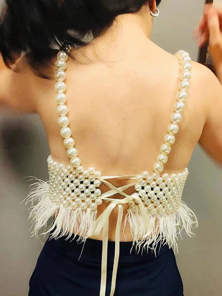 Tank Top Sleeveless Backless Feather Pearl Vest